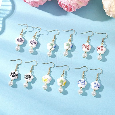 Porcelain & ABS Plastic Imitation Pearl Round with Flower Dangle Earrings EJEW-JE06841-1