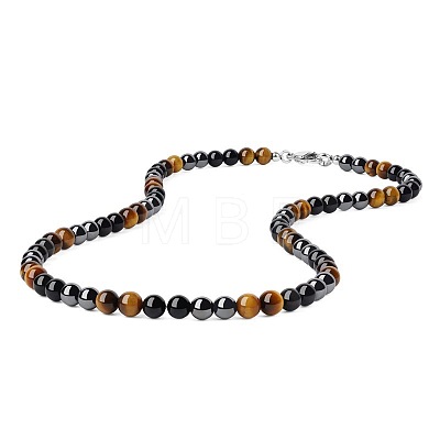 Synthetic Non-magnetic Hematite & Natural Tiger Eye & Obsidian Round Beaded Necklaces for Men YX5918-1-1