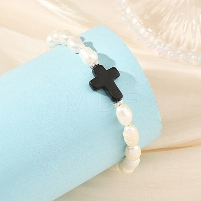 Dyed Synthetic Turquoise Black Religion Cross & Natural Pearl Rice Beaded Bracelets BJEW-JB14403-1