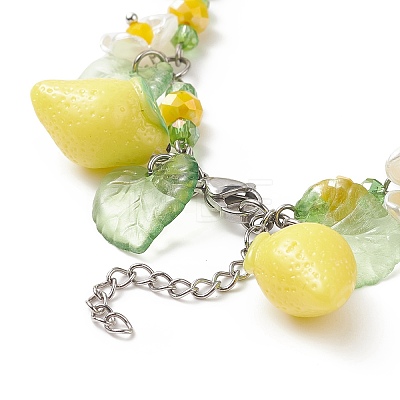 Lemon & Leaf & Flower Resin & Acrylic Charm Bracelet BJEW-TA00210-1