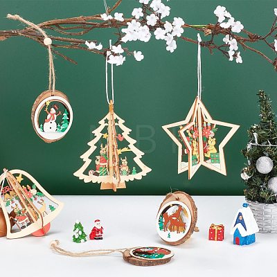 GORGECRAFT 6Pcs 6 Styles Wooden Christmas Ornaments WOOD-GF0001-51-1