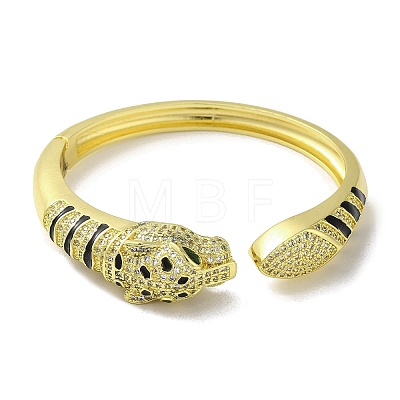 Brass Pave Clear & Green Cubic Zirconia Leopard Open Cuff Bangle for Women BJEW-K246-15G-1