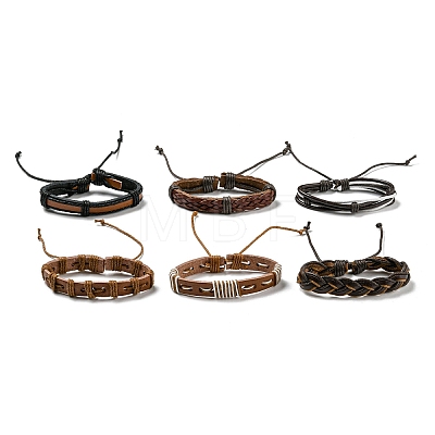 6Pcs 6 Style Adjustable Braided Imitation Leather Cord Bracelet Set with Waxed Cord for Men BJEW-F458-10-1