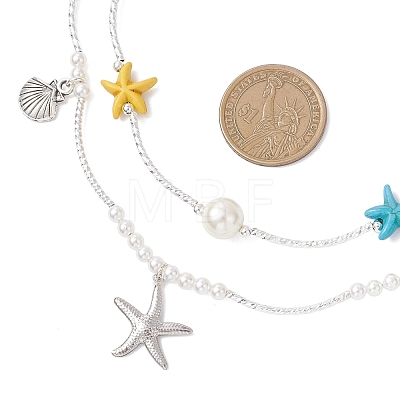 Round Shell Pearl and Starfish Dyed Synthetic Turquoise and Brass Curved Tube Beaded Double Layer Necklaces NJEW-TA00220-1