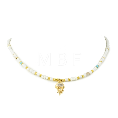 Ocean Brass Pave Clear Cubic Zirconia Sea Animals Pendant Natural Shell and Glass Seed Beaded Necklaces for Women NJEW-JN06345-03-1