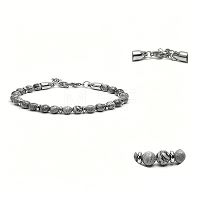 Natural Map Stone Round Beaded Bracelets with 304 Stainless Steel Clasps WG47F3F-02-1
