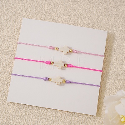 3Pcs Dyed Synthetic White Turquoise & Brass Beaded Braided Bead Bracelets QB7029-13-1