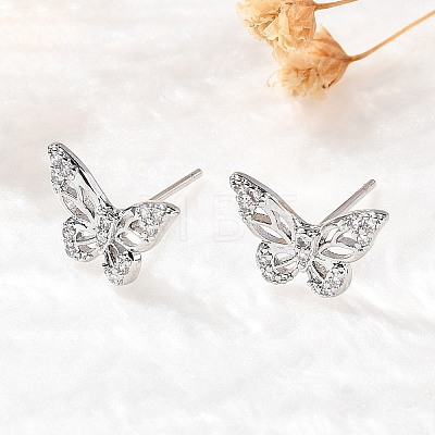 Butterfly Brass Micro Pave Cubic Zirconia Ear Studs EJEW-D304-34P-1