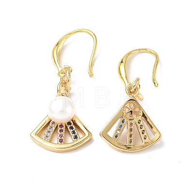 Colorful Cubic Zirconia Fan Dangle Earrings with Natural Pearl Beaded EJEW-B017-12G-1