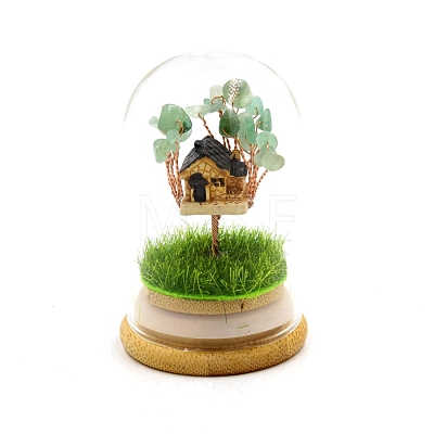 Natural Green Aventurine Chips Tree and Mini House in Dome Glass Bell Jars with Wood Base Display Decorations PW-WG927DE-04-1