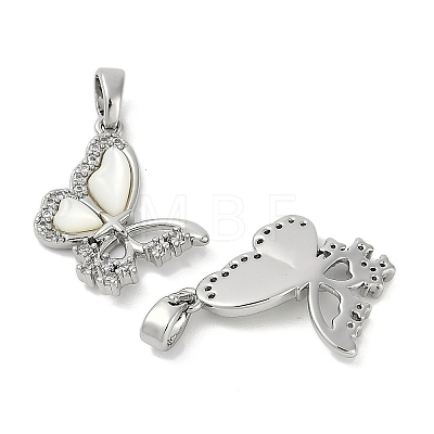 Brass Pave Natural White Shell Butterfly Pendants KK-U043-28P-1