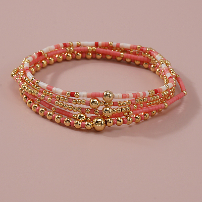 5Pcs 5 Styles Bohemian Style Glass Seed Bead & Brass Beads Stretch Bracelets Set for Women XX3462-3-1