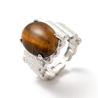 Natural Tiger Eye Oval Open Cuff Ring RJEW-P082-03P-03-1