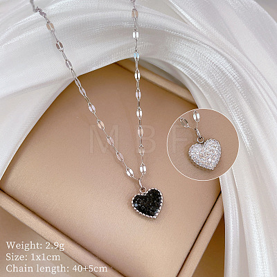 Double-Sided Polymer Clay Crystal & Jet Rhinestone Heart Pendant 304 Stainless Steel Dapped Chain Necklaces for Women WGED9DB-02-1