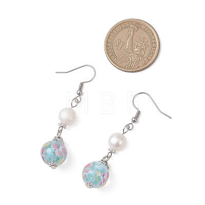 Round Natural Cultured Freshwater Pearl & Lampwork Dangle Earrings EJEW-JE06881-1