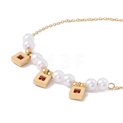 Square Cubic Zirconia Charm Bracelet with Acrylic Pearl BJEW-F396-20G-03-1