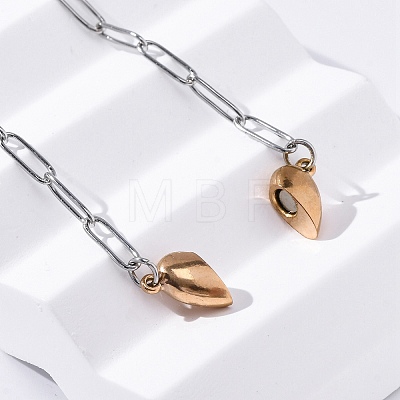 304 Stainless Steel Double-Sided Magnetic Heart Pendant Paperclip Chain Necklaces NJEW-U028-02RG-1