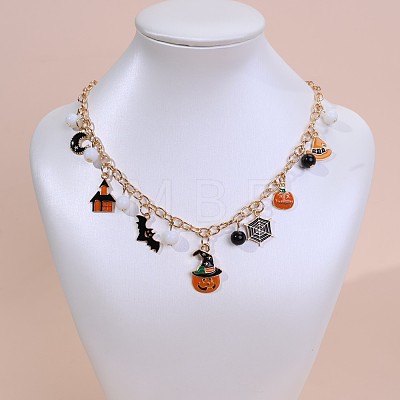 Alloy Enamel with Plastic Halloween Pumpkin Bat Spider Web Pendant Bib Necklaces for Women FS-WGDE872-03-1