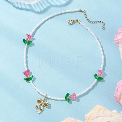 Alloy Bowknot Pendant Tulip Flower Glass Seed Beaded Necklaces for Women NJEW-MZ00148-1