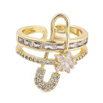 Rack Plating Brass Micro Pave Cubic Zirconia Paper Clip Open Cuff Rings for Women RJEW-C080-02G-1