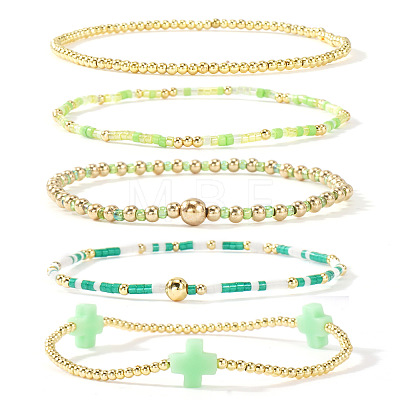 5Pcs 5 Styles Brass & Resin Beads Stretch Bracelets FP8271-7-1