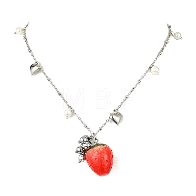 Shell Pearl & Resin Red Strawberry Pendant 304 Stainless Steel Satellite Chain Necklaces for Women NJEW-JN06118-1