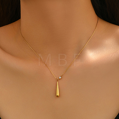 Stainless Steel Long Teardrop Pendant Necklaces with Clear Cubic Zirconia for Women RW9771-1