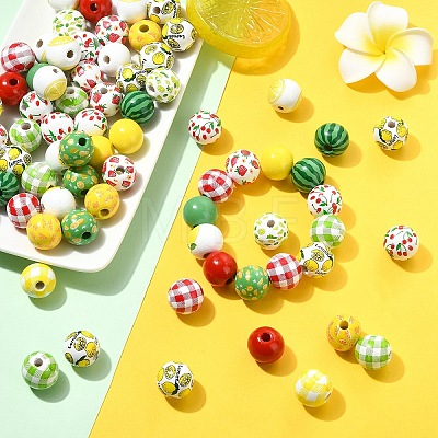 100Pcs 10 Styles Spray Painted Round Natural Schima Wood Beads WOOD-YW0001-85-1