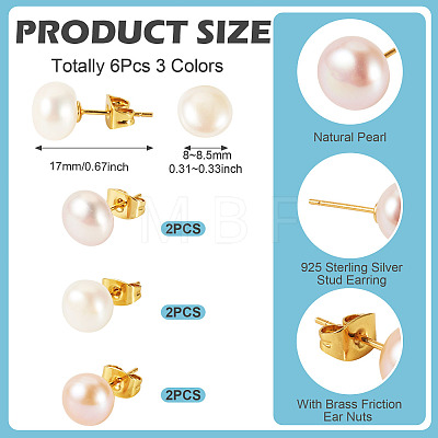 6Pcs 3 Colors Natural Cultured Freshwater Pearl Stud Earrings EJEW-TAC00027-1
