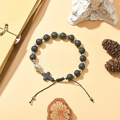 Natural Lava Rock Round & Cross Braided Bead Bracelets BJEW-TA00321-01-1