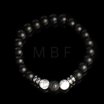 Round Natural Matt Black Onyx Beaded Stretch Bracelets for Men UV1347-2-1