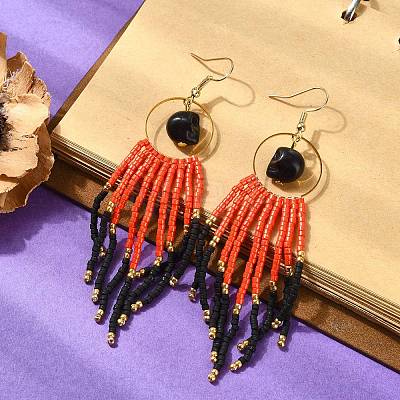 Halloween Glass Seed Tassel Earring for Women EJEW-MZ00798-1