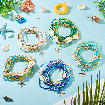 2 Bags Summer Beach Glass Seed Beaded & Natural Shell & Alloy Starfish Charm Anklet Sets AJEW-TA0003-69G-1