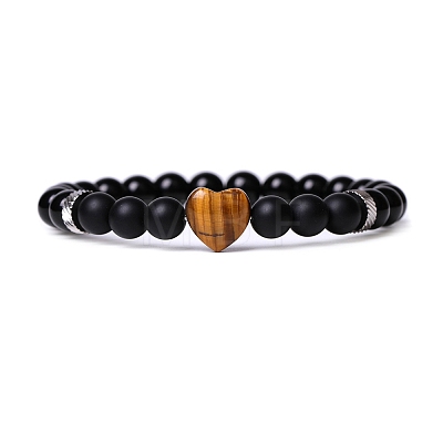 Natural Tiger Eye & Glass Heart Beaded Stretch Bracelet PW-WG20984-03-1