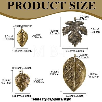 20Pcs 4 Styles Tibetan Style Alloy Leaf Pendants TIBEP-YW0002-39-1