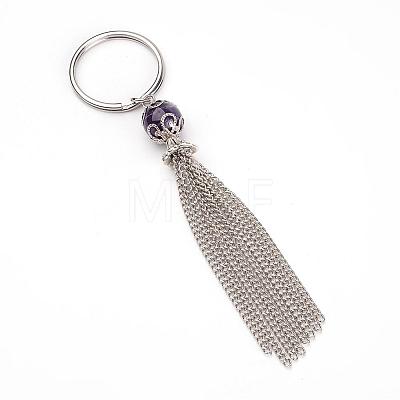 316 Surgical Stainless Steel Keychain with Iron Twisted Chains Tassels and Gemstone Beads KEYC-JKC00072-1