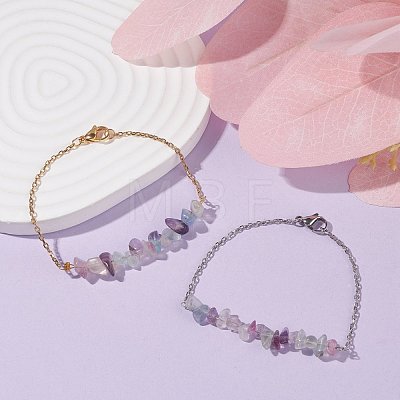 2Pcs 2 Color Natural Fluorite Chip Beaded Link Bracelets Set with 304 Stainless Steel Cable Chains BJEW-JB07914-02-1