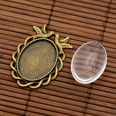 Vintage Tibetan Style Alloy Bird Pendant Cabochon Bezel Settings and Transparent Oval Glass Cabochons DIY-X0229-AB-NF-1