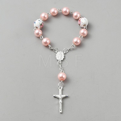 Plastic Imitation Pearl and Porcelain Round Link Metal Virgin Cross Charm Rosary Bracelets BJEW-WH0041-51A-1