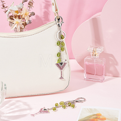 2Pcs Alloy Rhinestone Wine Glass Charm with K9 Glass Bead Keychains KEYC-OC00010-1
