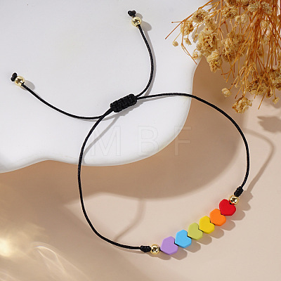 Gemstone Rainbow Heart Beaded Black Cord Adjustable Bracelet for Women YA9246-1-1