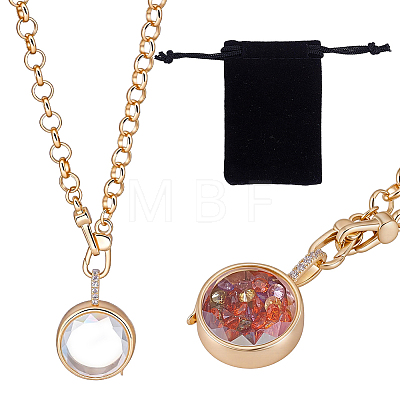 1Pc Brass Glass Flat Round Locket Pendant Rolo Chain Necklaces for Women NJEW-NB0001-48-1