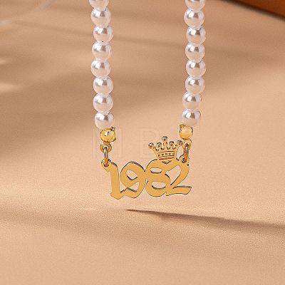 Alloy Crown Birth Year Pendant Imitation Pearl Round White Beaded Necklaces for Women FS-WG173C9-22-1
