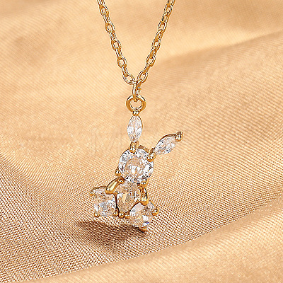 Brass Pave Clear Cubic Zirconia Rabbit Pendant Necklaces for Women WG4E031-02-1
