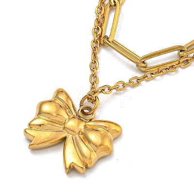 304 Stainless Steel Bowknot Pendant Necklaces NJEW-L182-001G-06-1