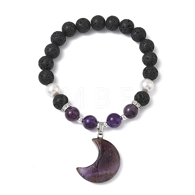 Natural Amethyst & Lava Rock & Shell Pearl Charm Bracelets BJEW-JB13705-1