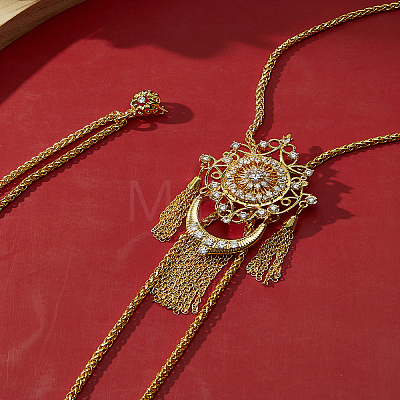 Elegant Brass Pave Clear Cubic Zirconia Flower Long Tassel Lariat Necklaces Brooches for Women OD2004-1