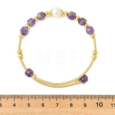 Natural Amethyst & Freshwater Pearl Beaded Copper French Wired Cuff Bangles for Women BJEW-JB13987-02-1