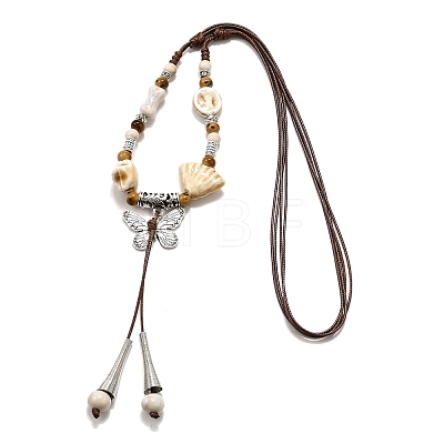 Ethnic Style Alloy & Porcelain Ceramic Beads Butterfly Pendant Tassel Y Necklaces NJEW-D308-01D-1