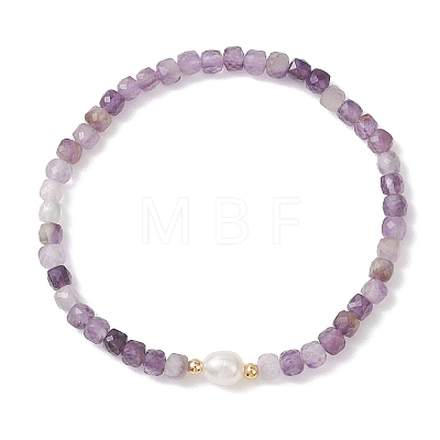Natural Amethyst Cube Beads Stretch Bracelets for Women BJEW-JB13179-01-1
